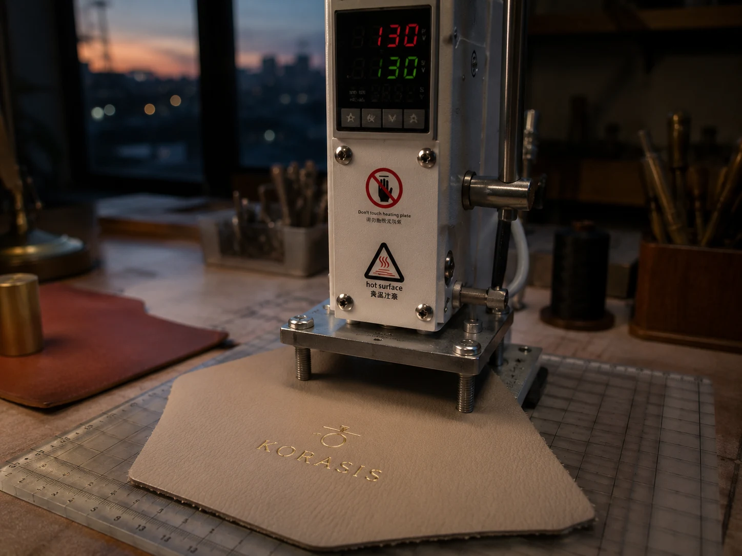 Hot stamping press at the Korasís atelier