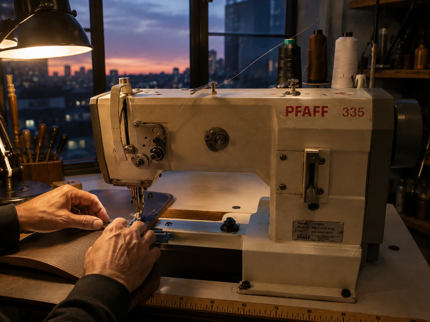Pfaff 335 stitching leather at the Korasís atelier